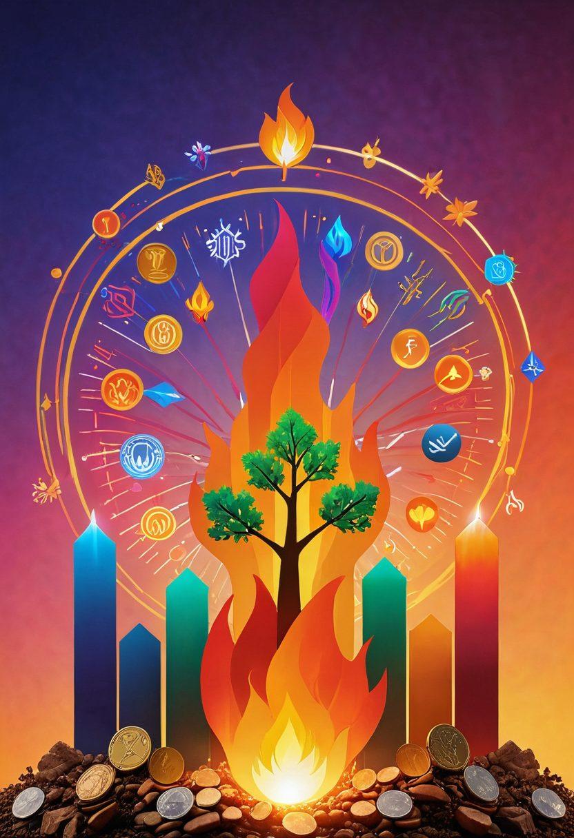 A glowing flame representing passion, surrounded by various investment symbols like charts, coins, and a growing tree. The background shows a vibrant sunrise to signify new beginnings and growth. Colorful arrows indicating upward trends and success intertwine with the flame, symbolizing strategic planning. The scene conveys a sense of energy and optimism, inspiring viewers to embrace investment strategies. super-realistic. vibrant colors. dynamic composition.