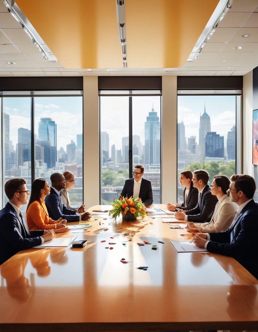 A dynamic scene illustrating business professionals engaging in strategy discussions, with visual metaphors of growth like upward arrows, blooming flowers, and tools of investment (stocks, graphs) scattered on a sleek conference table. Incorporate a diverse group of individuals, showcasing collaboration and devotion, set against a modern office backdrop with large windows. bright colors. super-realistic.