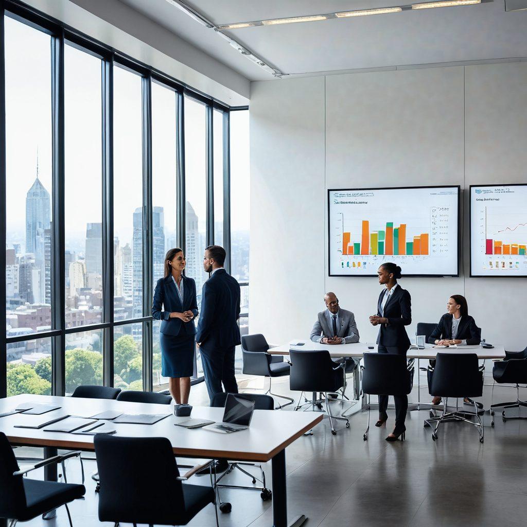 A confident business advisor engaging with a diverse group of clients in a modern office space, showcasing charts and graphs that symbolize growth and profit. Bright light filters through large windows, illuminating the room filled with financial books and a digital screen displaying upward trending stock prices. Include elements of teamwork and innovation in the backdrop. super-realistic. vibrant colors. modern business style.